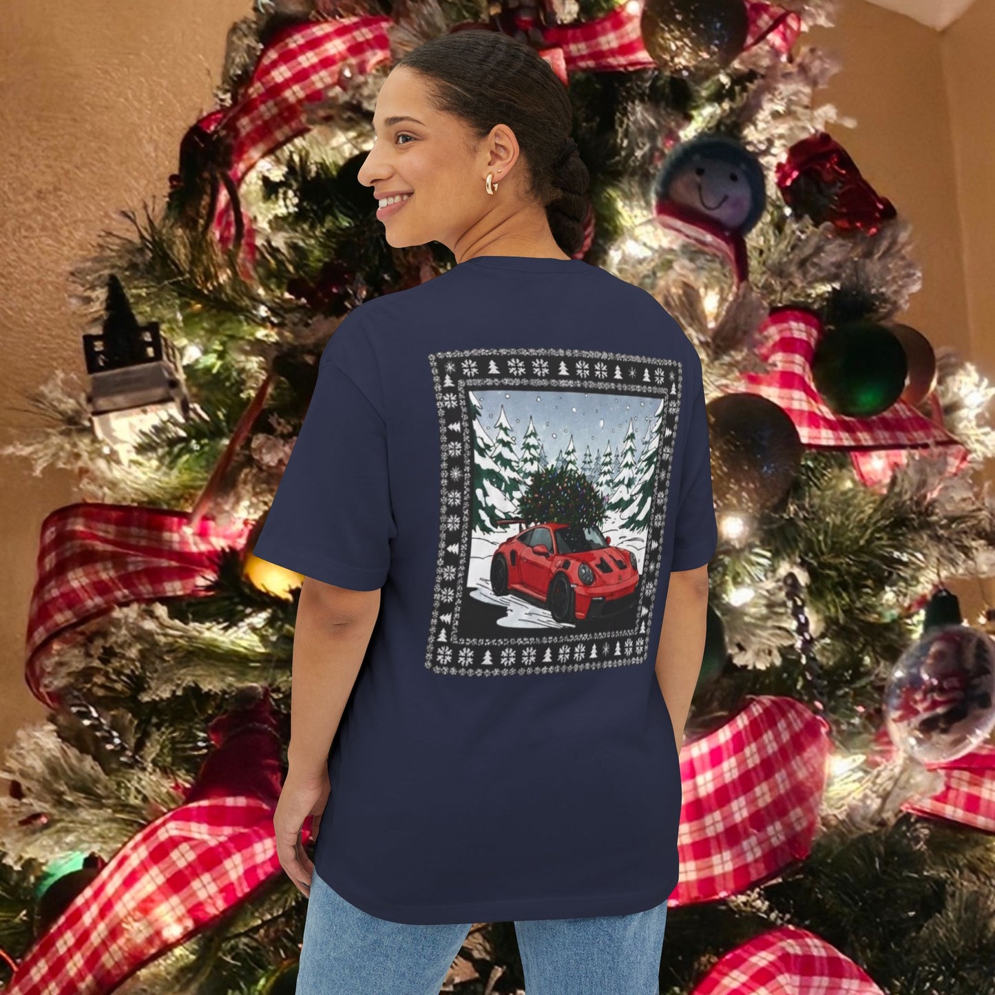 Holiday Sports Car Tee — Red Racing Car Christmas Forest Graphic T-Shirt