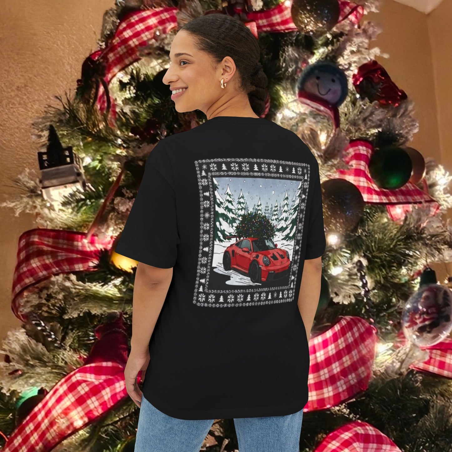 Holiday Sports Car Tee — Red Racing Car Christmas Forest Graphic T-Shirt