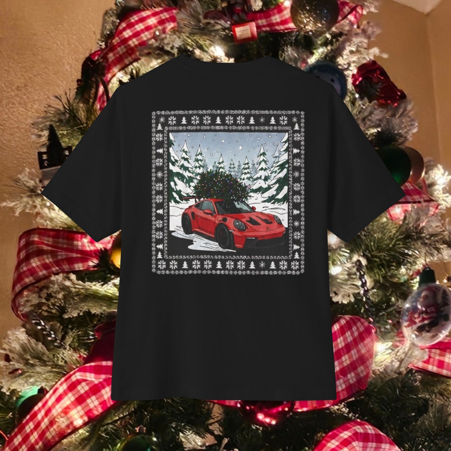 Holiday Sports Car Tee — Red Racing Car Christmas Forest Graphic T-Shirt