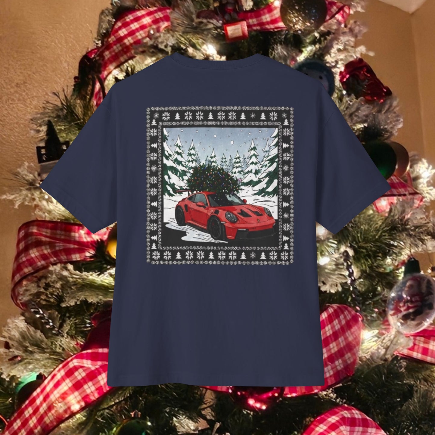 Holiday Sports Car Tee — Red Racing Car Christmas Forest Graphic T-Shirt